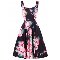 Sweetheart Neck Floral Print Fit and Flare Dress - Black